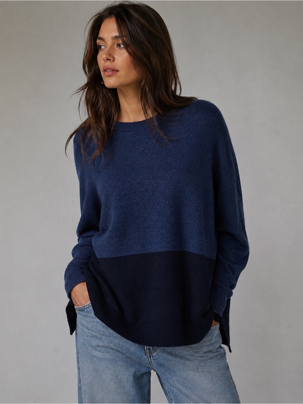 Athleta Wool Cashmere Sweater M Navy Colorblock Dolman Oversized Tunic Split Hem